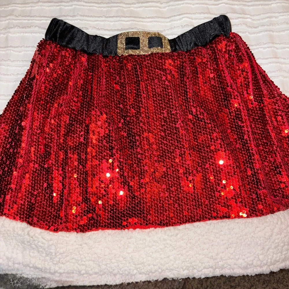 Holiday Red Sequin‎ Skirt with Black Waistband. GENTLY USED Sz XS